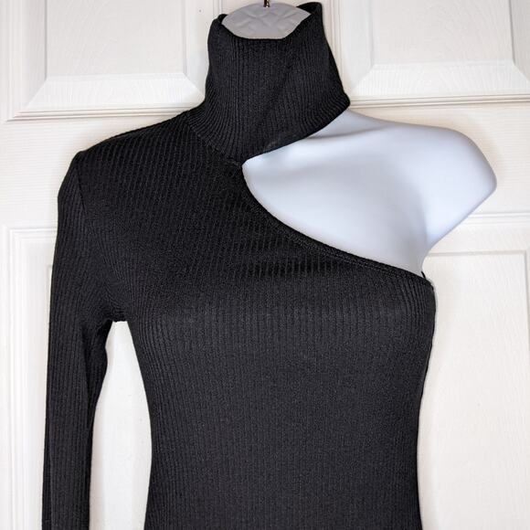Olivaceous Black Ribbed One Shoulder Turtleneck Bodycon True Romance Dress S - Picture 6 of 16